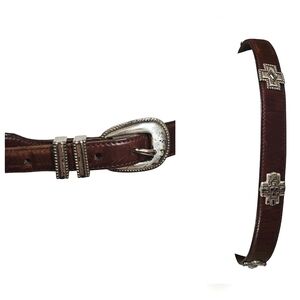VINTAGE Leather Western Brown Belt with Intricate Silver Cross Accents. Size LG